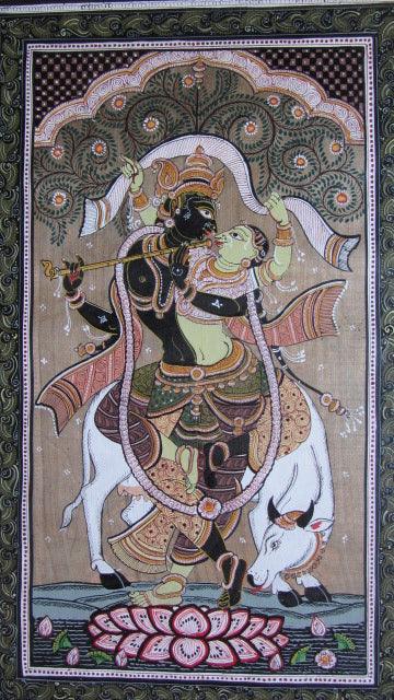 Folk Art fabric painting titled 'Krishna Radha Tasar Cloth Painting Ii', 12x26 inches, by artist Pradeep Swain on Cloth