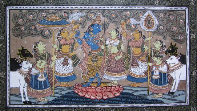 Folk Art fabric painting titled 'Krishna Radha Tasar Cloth Painting Iii', 12x26 inches, by artist Pradeep Swain on Cloth