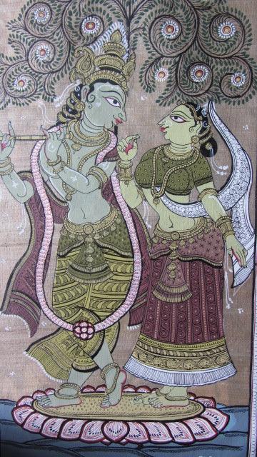 Folk Art fabric painting titled 'Krishna Radha Tasar Cloth Painting V', 20x12 inches, by artist Pradeep Swain on Cloth