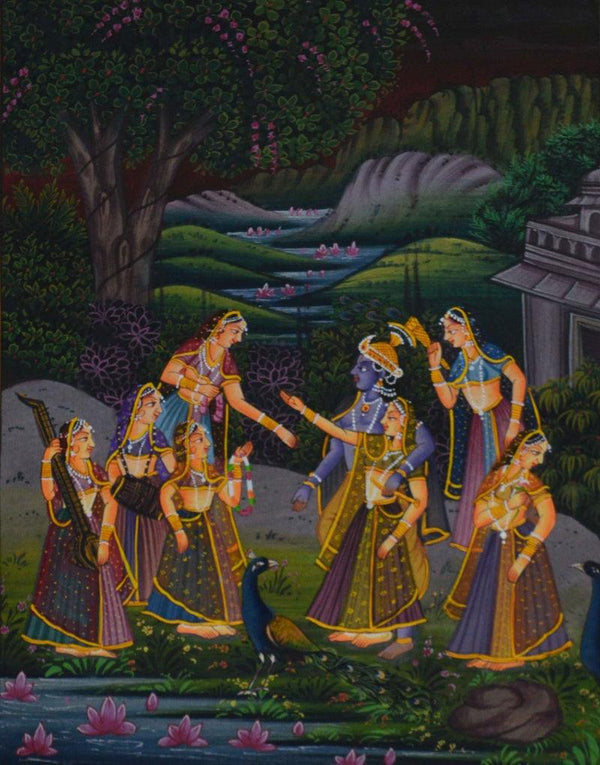 Religious miniature traditional art titled 'Krishna Radha Treated By Sevikas', 12x9 inches, by artist Unknown on Silk