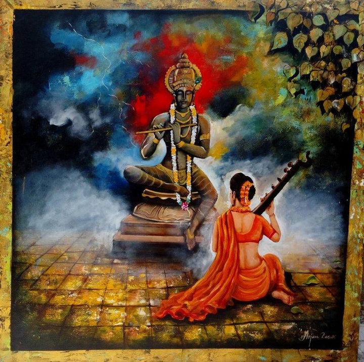 Religious acrylic painting titled 'Krishna Sang Meera 2', 36x36 inches, by artist Arjun Das on Canvas