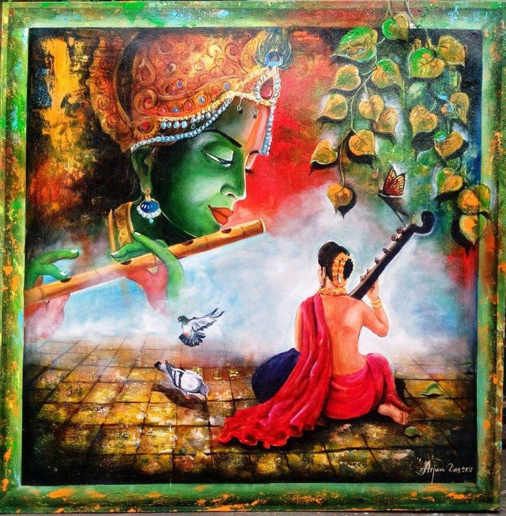 Realistic acrylic painting titled 'Krishna Sang Meera 3', 36x36 inches, by artist Arjun Das on Canvas