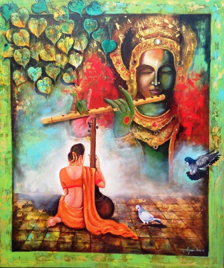 Figurative acrylic painting titled 'Krishna Sang Meera', 42x35 inches, by artist Arjun Das on Canvas