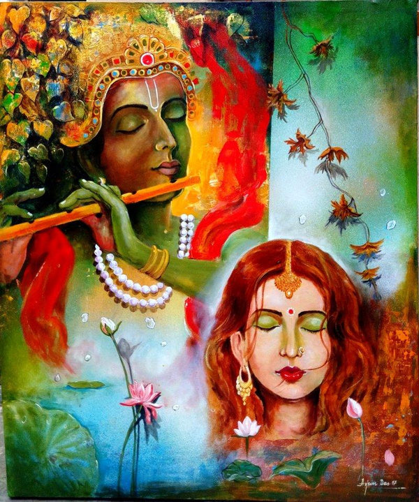 Religious acrylic painting titled 'Krishna Sang Radhe', 45x32 inches, by artist Arjun Das on Canvas