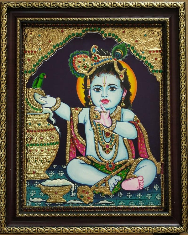 Religious tanjore traditional art titled 'Krishna Tanjore Painting 1', 15x12 inches, by artist VANI VIJAY on Plywood