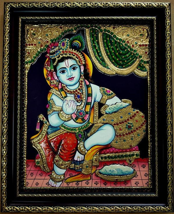 Religious tanjore traditional art titled 'Krishna Tanjore Painting 2', 15x12 inches, by artist VANI VIJAY on Plywood