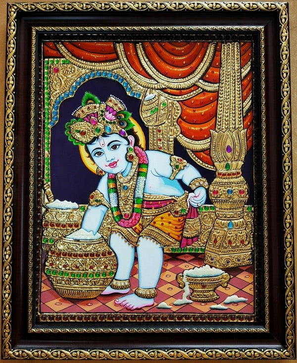 Religious tanjore traditional art titled 'Krishna Tanjore Painting 3', 15x12 inches, by artist VANI VIJAY on Plywood