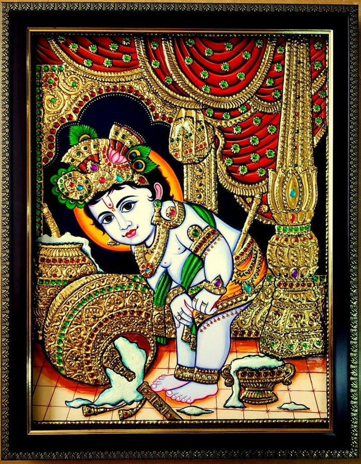 Religious tanjore traditional art titled 'Krishna Tanjore Painting 4', 18x14 inches, by artist VANI VIJAY on Plywood