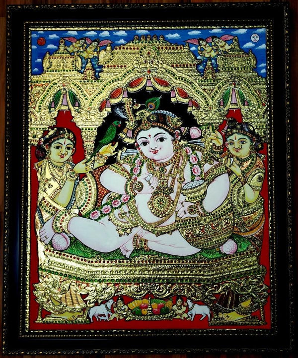 Religious tanjore traditional art titled 'Krishna Tanjore Painting 6', 30x24 inches, by artist VANI VIJAY on Plywood