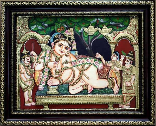 Religious tanjore traditional art titled 'Krishna Tanjore Painting 8', 12x15 inches, by artist VANI VIJAY on Plywood