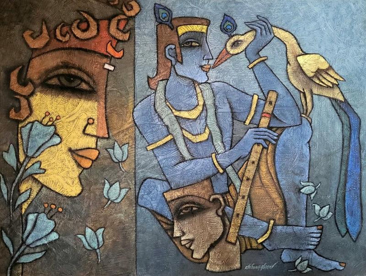 Religious mixed media painting titled 'Krishna Tatvam', 36x48 inches, by artist Krishna Ashok on Canvas