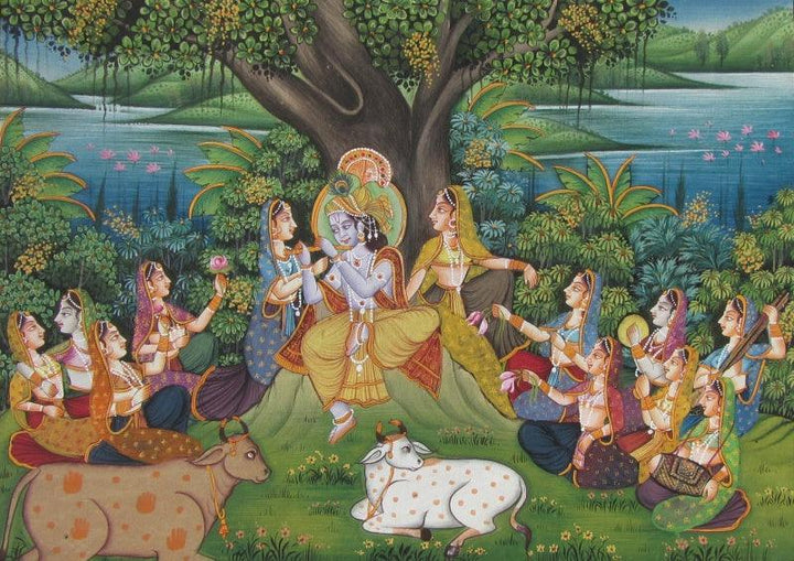 Figurative miniature traditional art titled 'Krishna Teasing Gopis', 8x11 inches, by artist E Craft on Silk