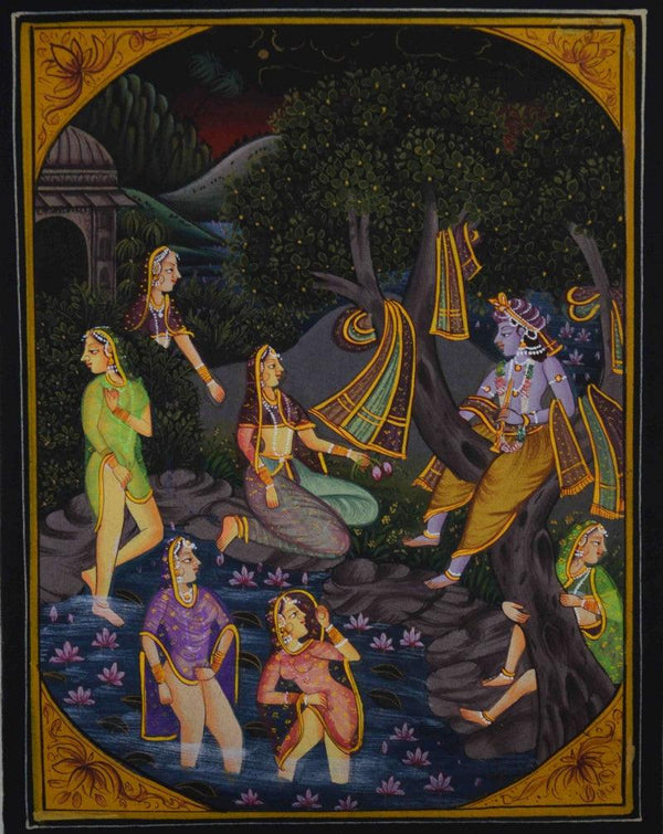 Religious miniature traditional art titled 'Krishna Teasing Gopis In Pond', 12x9 inches, by artist Unknown on Silk