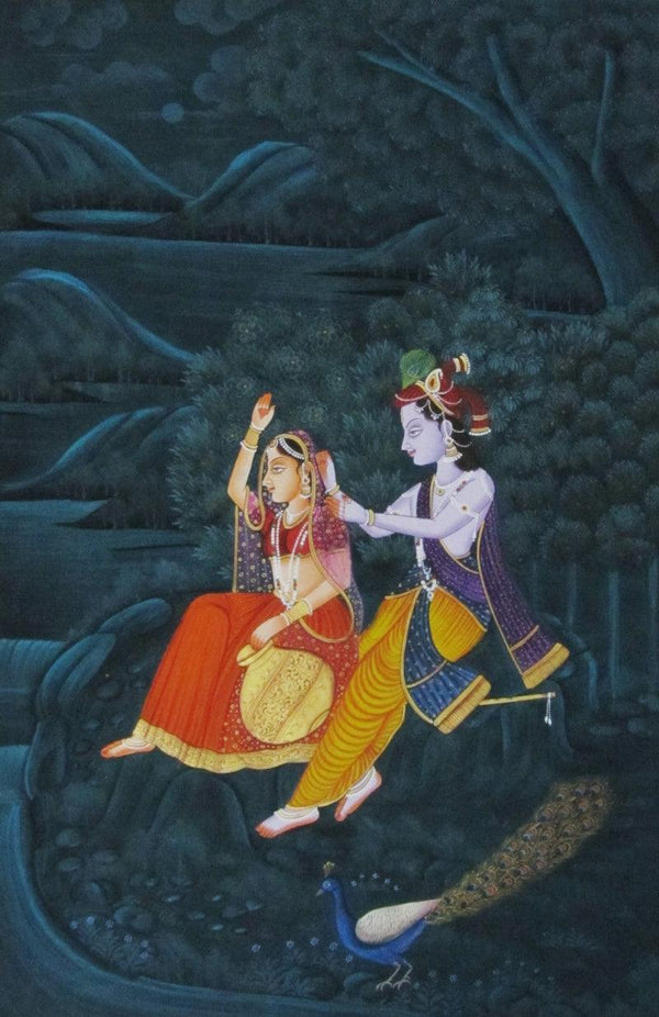 Religious miniature traditional art titled 'Krishna Teasing Radha', 36x24 inches, by artist E Craft on Silk