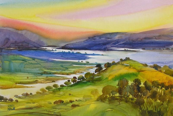Landscape watercolor painting titled 'Krishna Valley 54', 14x21 inches, by artist Sunil Kale on Arches Paper