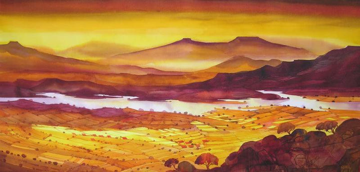 Landscape watercolor painting titled 'Krishna Valley Panchgani 1', 22x44 inches, by artist Sunil Kale on Arches Paper