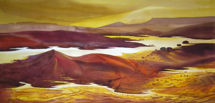 Landscape watercolor painting titled 'Krishna Valley Panchgani 10', 22x44 inches, by artist Sunil Kale on Arches Paper