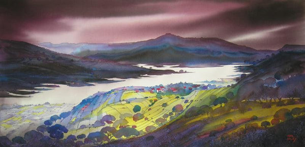 Landscape watercolor painting titled 'Krishna Valley Panchgani 12', 22x44 inches, by artist Sunil Kale on Arches Paper