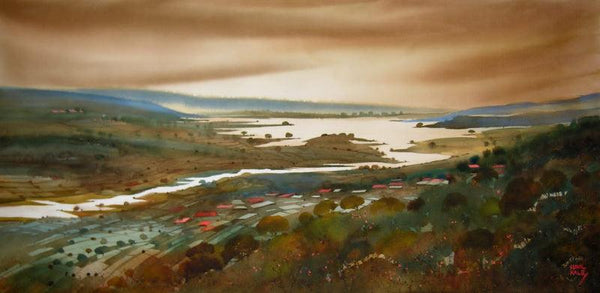 Landscape watercolor painting titled 'Krishna Valley Panchgani 13', 22x44 inches, by artist Sunil Kale on Arches Paper