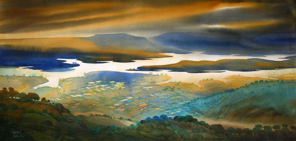 Landscape watercolor painting titled 'Krishna Valley Panchgani 15', 22x44 inches, by artist Sunil Kale on Arches Paper