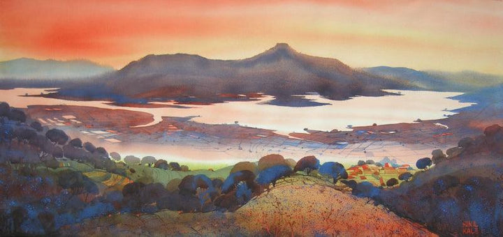 Landscape watercolor painting titled 'Krishna Valley Panchgani 16', 22x44 inches, by artist Sunil Kale on Arches Paper