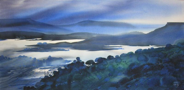 Landscape watercolor painting titled 'Krishna Valley Panchgani 17', 22x44 inches, by artist Sunil Kale on Arches Paper