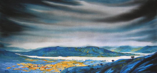 Landscape watercolor painting titled 'Krishna Valley Panchgani 18', 22x44 inches, by artist Sunil Kale on Arches Paper