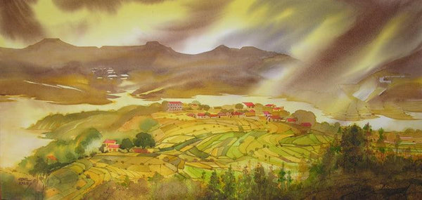 Landscape watercolor painting titled 'Krishna Valley Panchgani 2', 22x44 inches, by artist Sunil Kale on Arches Paper