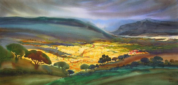 Landscape watercolor painting titled 'Krishna Valley Panchgani 6', 22x44 inches, by artist Sunil Kale on Arches Paper