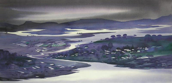 Landscape watercolor painting titled 'Krishna Valley Panchgani 7', 22x44 inches, by artist Sunil Kale on Arches Paper