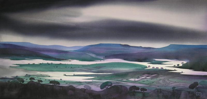 Landscape watercolor painting titled 'Krishna Valley Panchgani 8', 22x44 inches, by artist Sunil Kale on Arches Paper