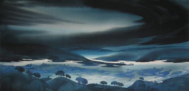 Landscape watercolor painting titled 'Krishna Valley Panchgani 9', 22x44 inches, by artist Sunil Kale on Arches Paper