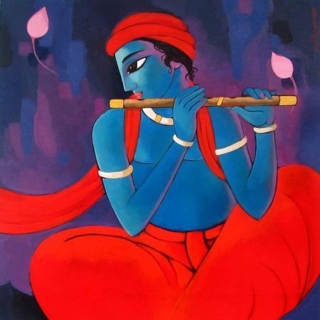 Cubist acrylic painting titled 'Krishna vii', 36x36 inches, by artist Sekhar Roy on Canvas