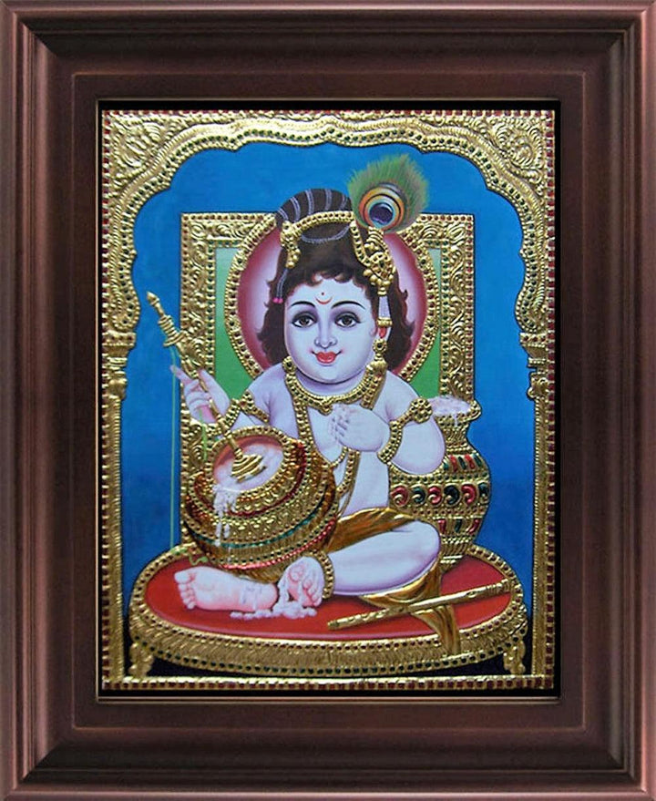 Religious tanjore traditional art titled 'Krishna with Butter Pot Tanjore Painting', 24x18 inches, by artist Myangadi Tanjore on Plywood