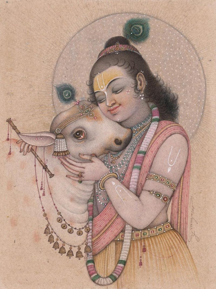 Religious mixed media painting titled 'Krishna With Calf 2', 6x5 inches, by artist Mahaveer Swami on Handmade Paper