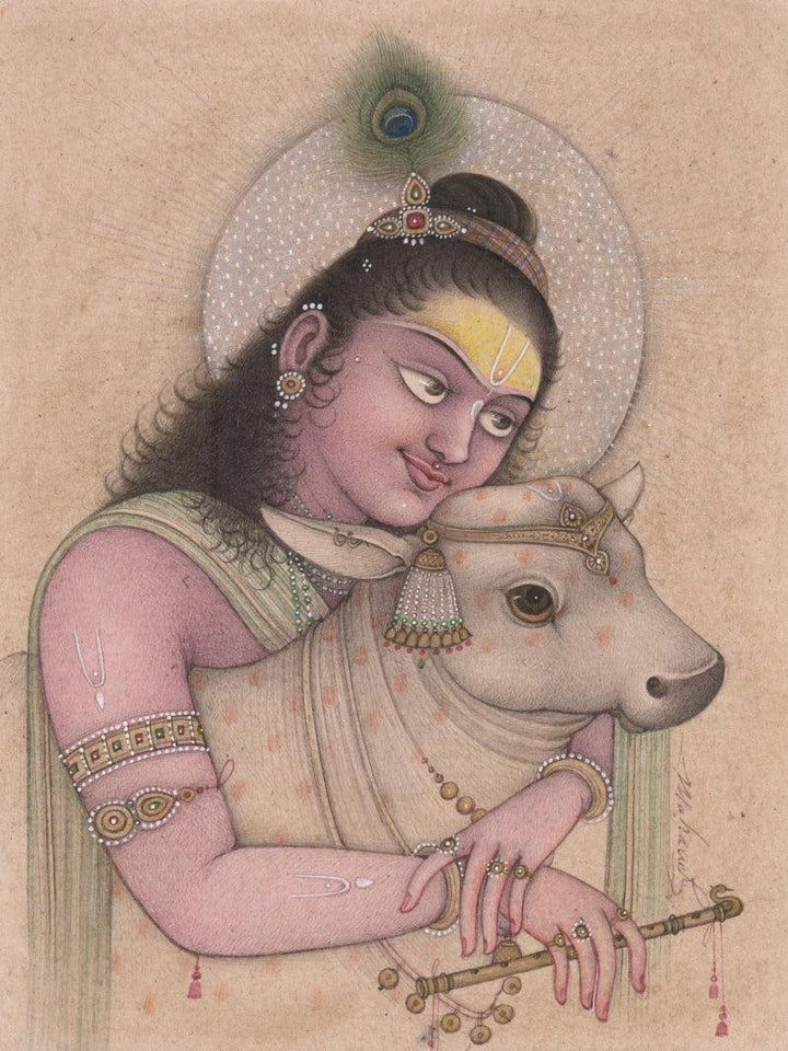 Religious mixed media painting titled 'Krishna With Calf', 6x5 inches, by artist Mahaveer Swami on Handmade Paper