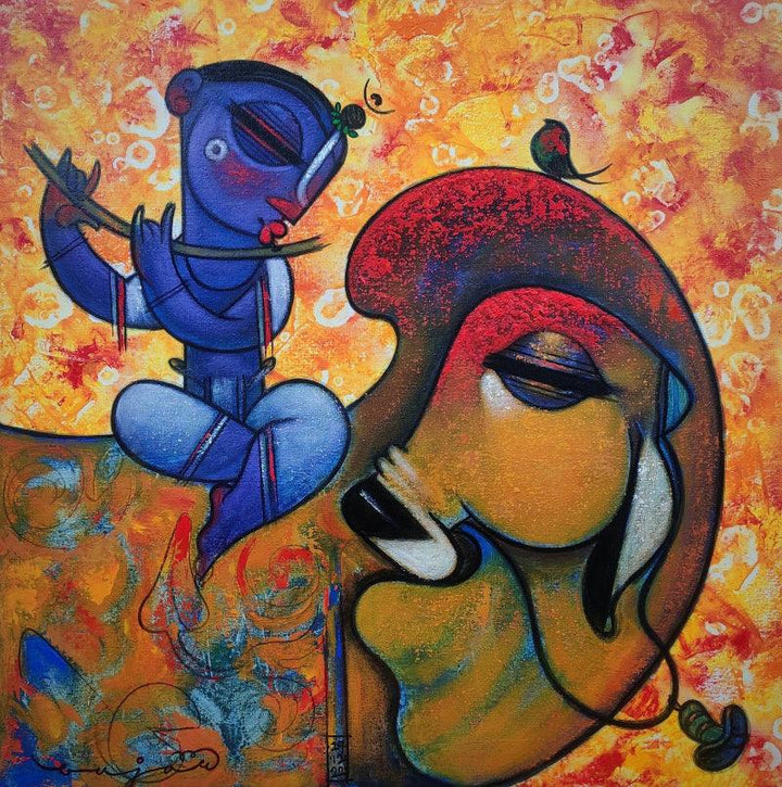 Religious acrylic painting titled 'Krishna With Cow 30', 24x24 inches, by artist Ramesh Gujar on Canvas