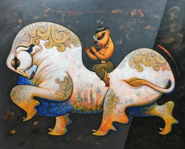 Religious acrylic painting titled 'Krishna With Cow', 52x62 inches, by artist Ramesh Gujar on Canvas