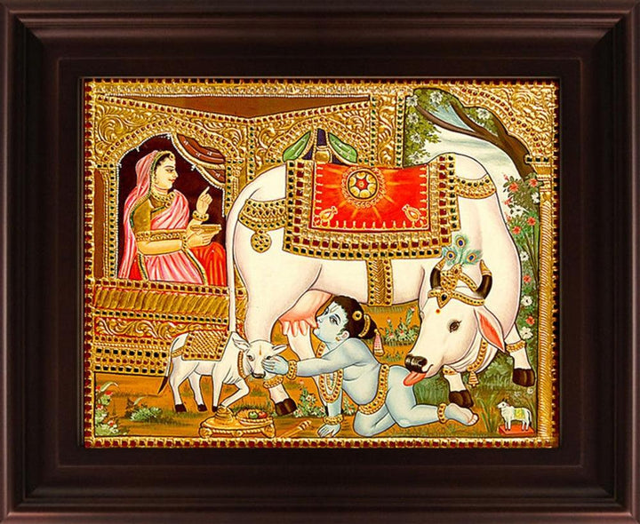 Religious tanjore traditional art titled 'Krishna with Cow Tanjore Painting', 24x18 inches, by artist Myangadi Tanjore on Plywood