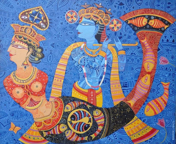 Religious acrylic painting titled 'Krishna With Dream Girl', 30x36 inches, by artist Bhaskar Lahiri on Canvas