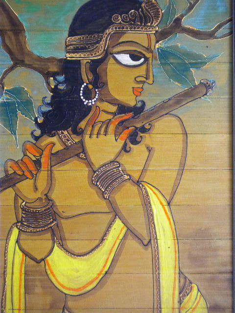 Folk Art acrylic painting titled 'Krishna With Flute', 14x18 inches, by artist Pradeep Swain on Leaf