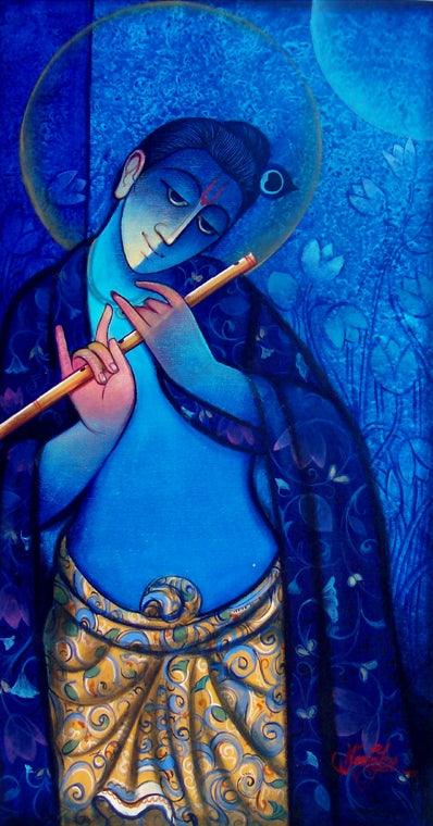 Figurative mixed media painting titled 'Krishna With Flute Blue', 18x36 inches, by artist Ram Onkar on Canvas