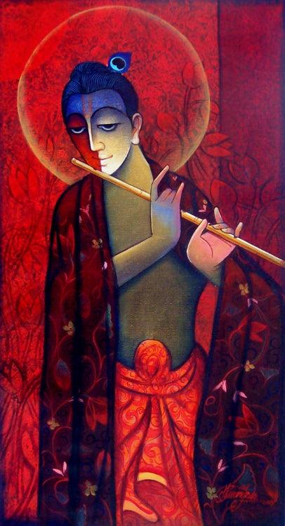 Figurative mixed media painting titled 'Krishna With Flute Red', 18x36 inches, by artist Ram Onkar on Canvas