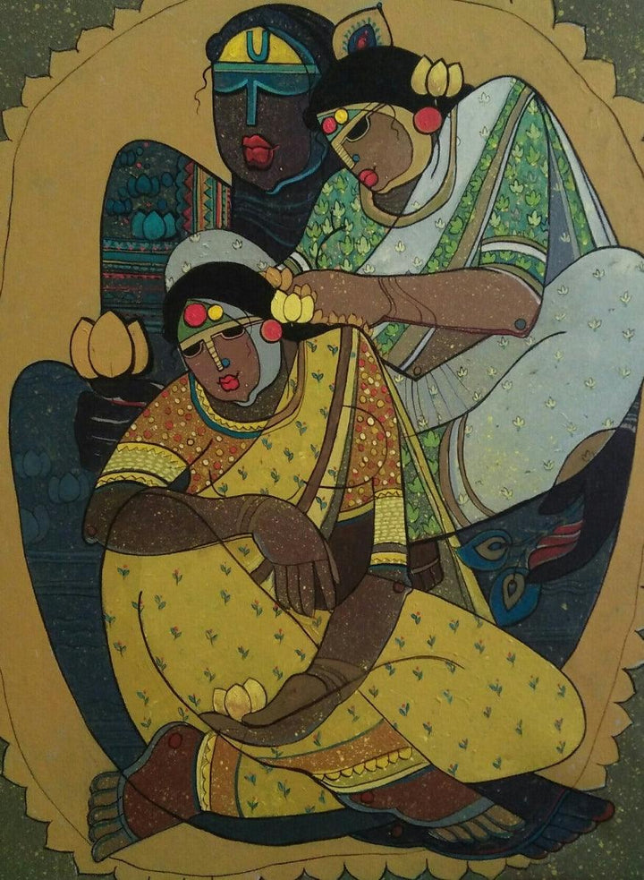 Figurative acrylic painting titled 'Krishna With Gopika', 24x18 inches, by artist Priyanka Chivte on Canvas