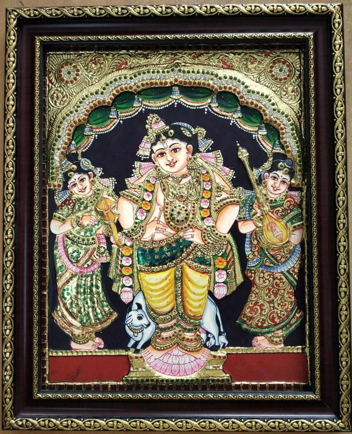 Religious tanjore traditional art titled 'Krishna With Gopikas Tanjore Painting', 15x12 inches, by artist VANI VIJAY on Plywood