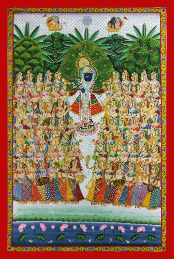 Religious pichwai traditional art titled 'Krishna With Gopis In Vrindavan', 72x48 inches, by artist Unknown on Cloth