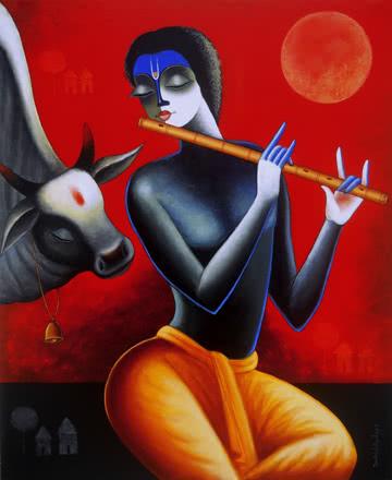 Figurative acrylic painting titled 'Krishna With His Friend', 36x30 inches, by artist Santosh Chattopadhyay on Canvas