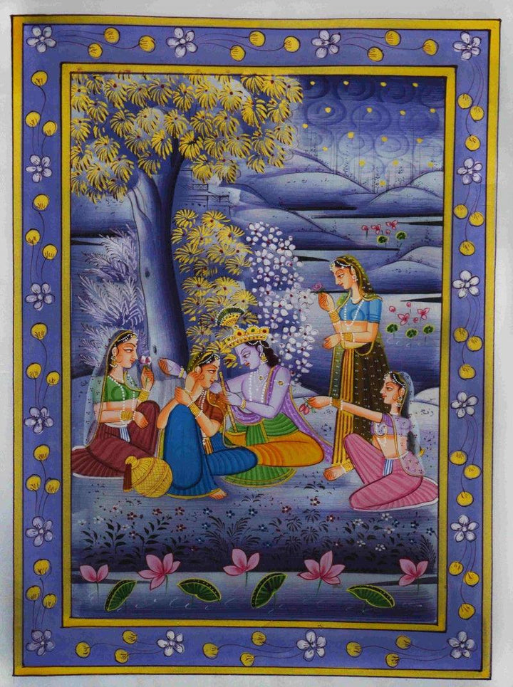 Religious miniature traditional art titled 'Krishna With Radha At Night', 15x11 inches, by artist Unknown on Silk