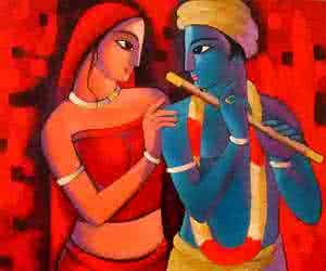 Figurative acrylic painting titled 'Krishna With She', 30x36 inches, by artist Sekhar Roy on Canvas