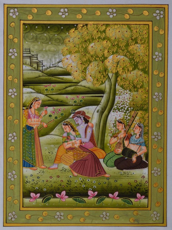 Religious miniature traditional art titled 'Krishna With Shy Radhaji', 13x9 inches, by artist Unknown on Silk